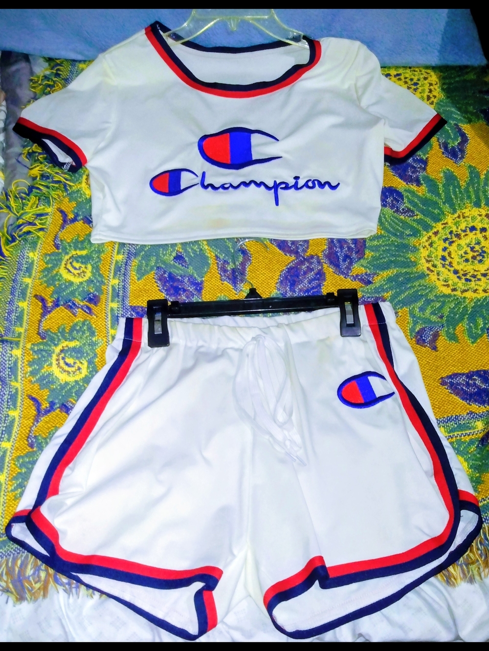 Champion White Crop Tee and Athletic Shorts with Red & Navy Accents